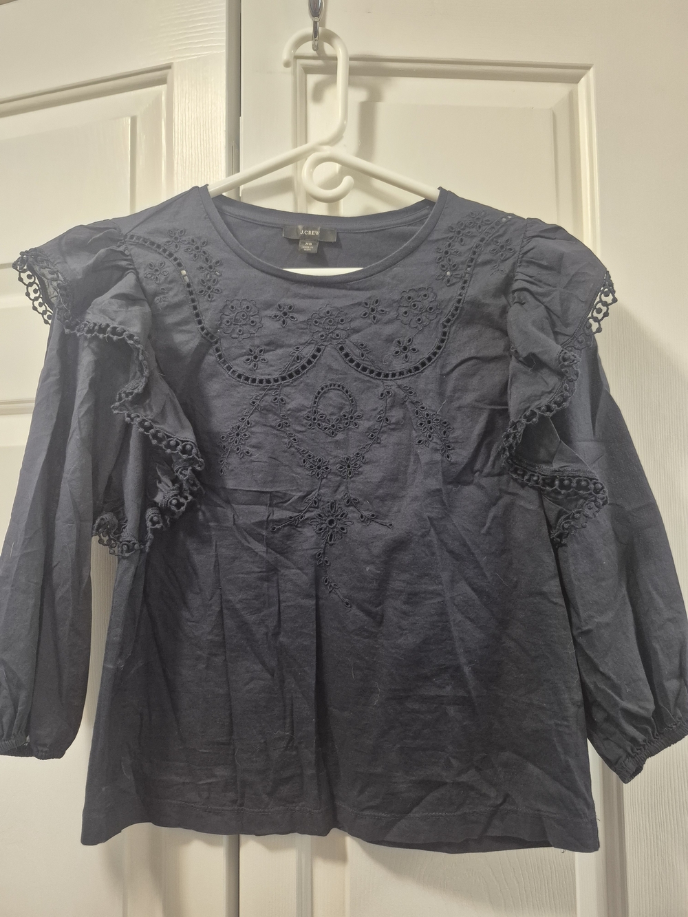 J. Crew Women's Navy Eyelet Ruffle Sleeve Top  sz XS